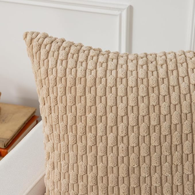 Kevin Textile 16x24 Inch Pillow Cover 1 Pack Boho Decorative Soft Striped Corduroy Lumbar Farmhouse Solid Color Accent Rectangle Cushion Case for Living Room Couch Sofa Bed, Beige