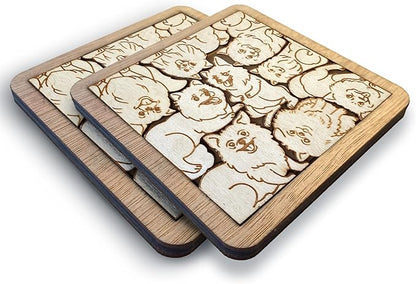 Set of 2 Pomeranian Coasters - Beautifully Carved Wooden Drink Coasters for Dog Lovers for Home Decor and Table Protection
