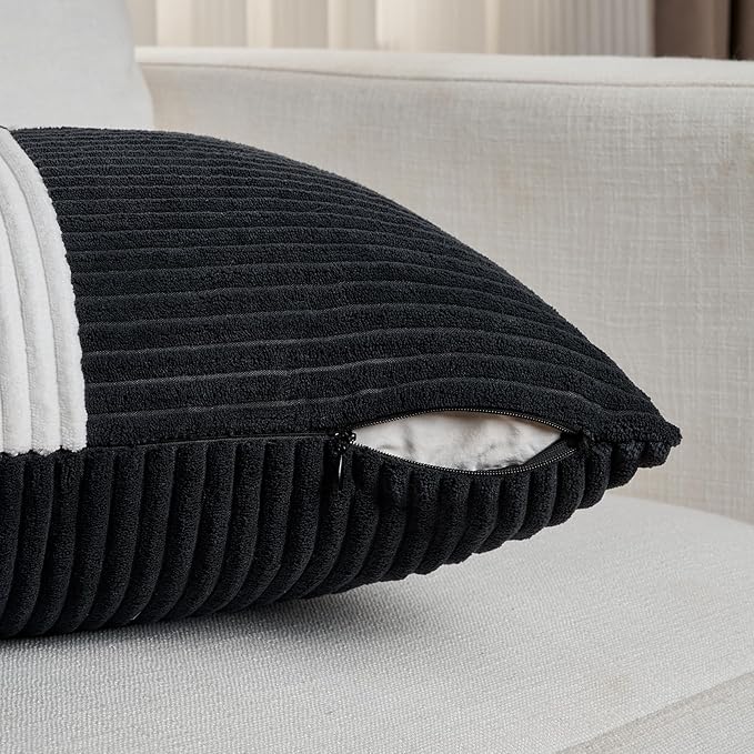 Fancy Homi Set of 2 Black White Long Lumbar Decorative Throw Pillow Covers 12x24 Inch for Couch Bed Sofa, Modern Farmhouse Boho Home Decor, Soft Striped Corduroy Rectangle Accent Cushion Case 30x60 cm