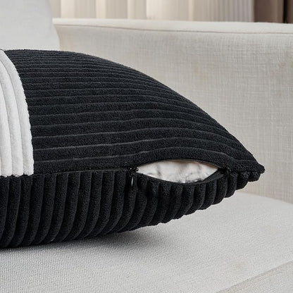 Fancy Homi Set of 2 Black White Decorative Throw Pillow Covers 22x22 Inch for Living Room Couch Bed Sofa, Farmhouse Boho Home Decor, Soft Cross Corduroy Patchwork Accent Square Cushion Case 55x55 cm
