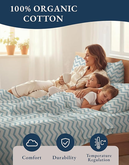 LANE LINEN 100% Organic Cotton Sheets Queen, 15" Deep Pocket Queen Sheets Fits Upto 15" Mattress, Soft & Comfy Fade Resistant Printed Sheet Set - Cool Blue Chevron