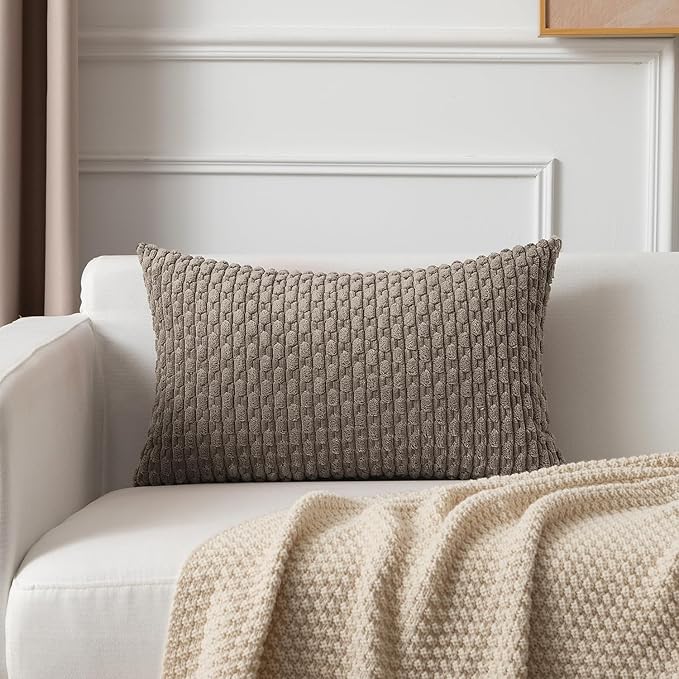 Kevin Textile 14x24 Inch Pillow Cover 1 Pack Boho Decorative Soft Striped Corduroy Lumbar Farmhouse Color Accent Rectangle Cushion Case for Living Room Couch Sofa Bed, Light Brown
