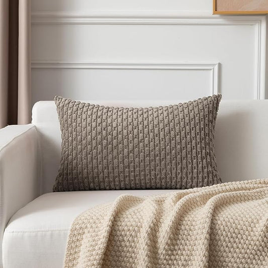 Kevin Textile 12x20 Inch Pillow Cover 1 Pack Boho Decorative Soft Striped Corduroy Lumbar Farmhouse Color Accent Rectangle Cushion Case for Living Room Couch Sofa Bed, Light Brown