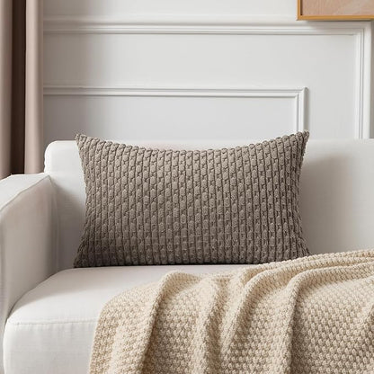 Kevin Textile 12x24 Inch Pillow Cover 1 Pack Boho Decorative Soft Striped Corduroy Lumbar Farmhouse Color Accent Rectangle Cushion Case for Living Room Couch Sofa Bed, Light Brown