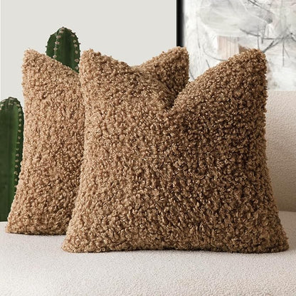 Foindtower 2 Pieces 18x18 Inch Dark Bronze, Faux Fur Throw Pillow Cover Accent Sherpa Furry Pillow Covers Fuzzy Soft Pillowcases Cozy Sheepskin Decorative Fleece Cushion Case for Bed Couch Living Room
