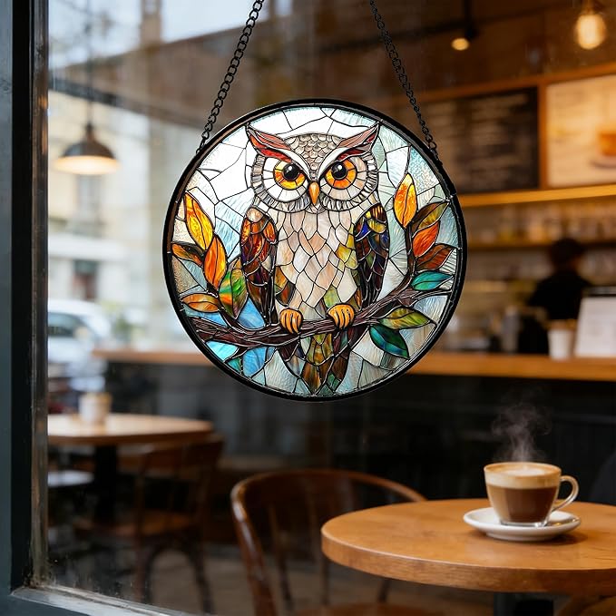 DASTOLL Stained Glass Window Hanging, Owl Colorful Leaves Birds Sun Catchers Diamond Glass Panel Hangings Suncatcher Decor for Birthday for Women, Men, Wife, Aunt, and Mom 11.8x11.8 in