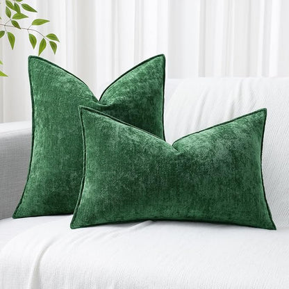 decorUhome Spring Couch Throw Pillow Covers 18x18 Set of 2, Decorative Soft Velvet Neutral Chenille Pillow Covers with Elegant Design for Sofa Bed Living Room Home Decor, Green