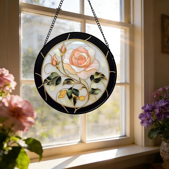 Stained Glass Window Hanging - Black White Pink Rose Sun Catcher for Door Home Decor Flower Suncatcher Christmas Mother's Day Birthday Gifts for Women Men Lovers Mom Nana 9.8 in