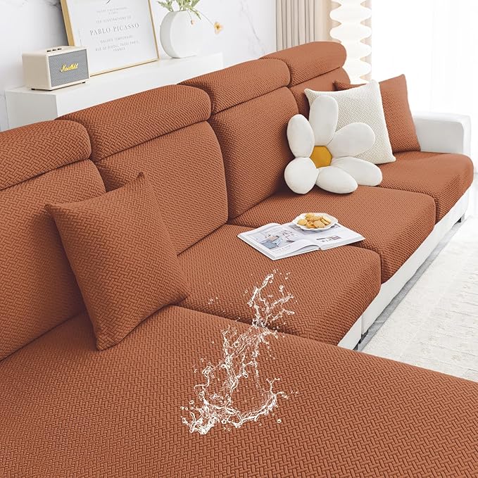 Smiry Waterproof Couch Cushion Covers, Stretch Jacquard Thick Sofa Cushion Covers, Washable Seat Slipcover Elastic Furniture Protector for Pets, Kid (3PC, Rust)