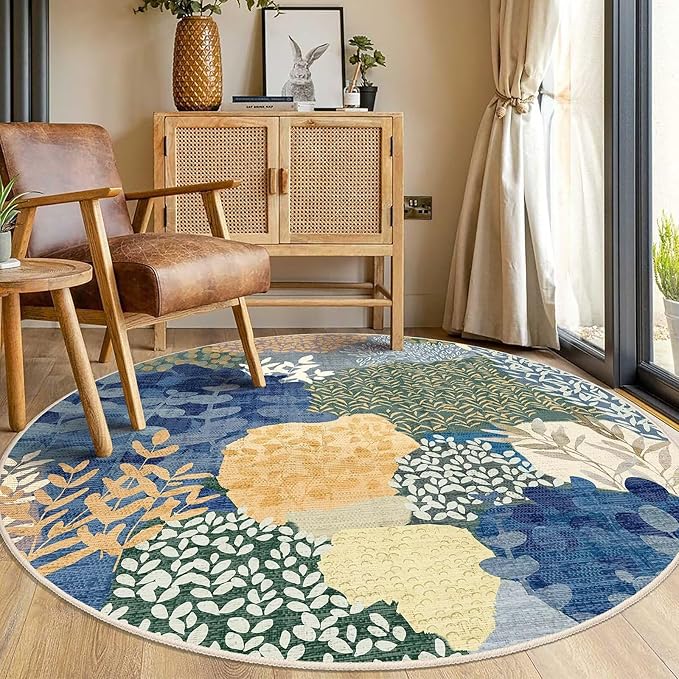 DEXDE Round Rug 5ft Washable Circle Area Rugs Non Slip Low Pile Boho Floral Large Circular Carpet for Bedroom Bathroom Entryway Kids Room Office Dining Room,Blue