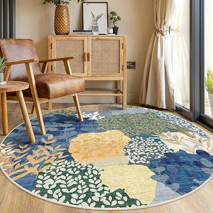 DEXDE Round Rug 5ft Washable Circle Area Rugs Non Slip Low Pile Boho Floral Large Circular Carpet for Bedroom Bathroom Entryway Kids Room Office Dining Room,Blue