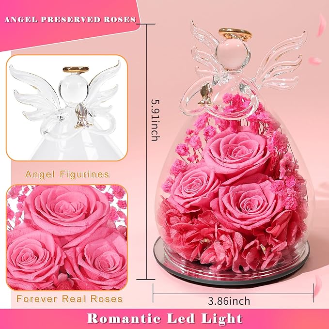 Beferr Valentines Day Rose Gifts for Her Women Mom Gifts for Birthday, Fresh Flowers for Delivery Prime Forever Preserved Rose in Glass Angel Figurine, for Grandma Wife Kids Daughter