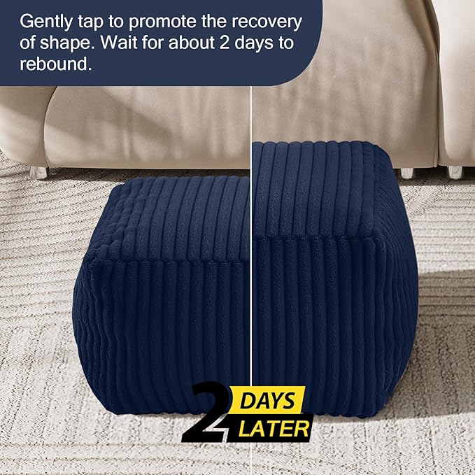 MeMoreCool Square Stuffed Pouf Ottoman Foot Rest, Stripe Furry Floor Pouf Foot Stool with Foam Chunk Filling, Soft Fluffy Stuffed Ottoman Footrest for Living Room, Faux Fur Navy