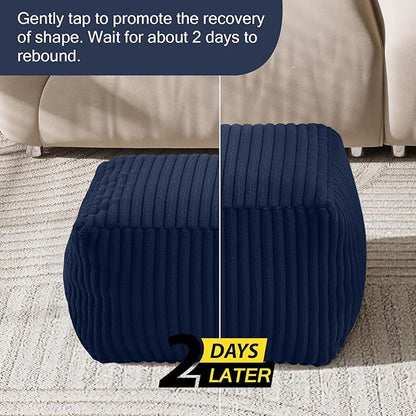 MeMoreCool Square Stuffed Pouf Ottoman Foot Rest, Stripe Furry Floor Pouf Foot Stool with Foam Chunk Filling, Soft Fluffy Stuffed Ottoman Footrest for Living Room, Faux Fur Navy