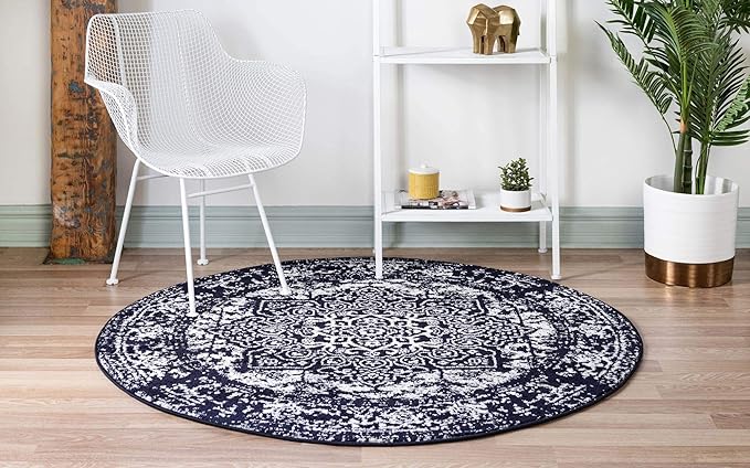 Rugs.com Arlington Collection Rug – 8 Ft Round Navy Blue Medium-Pile Rug Perfect for Kitchens, Dining Rooms