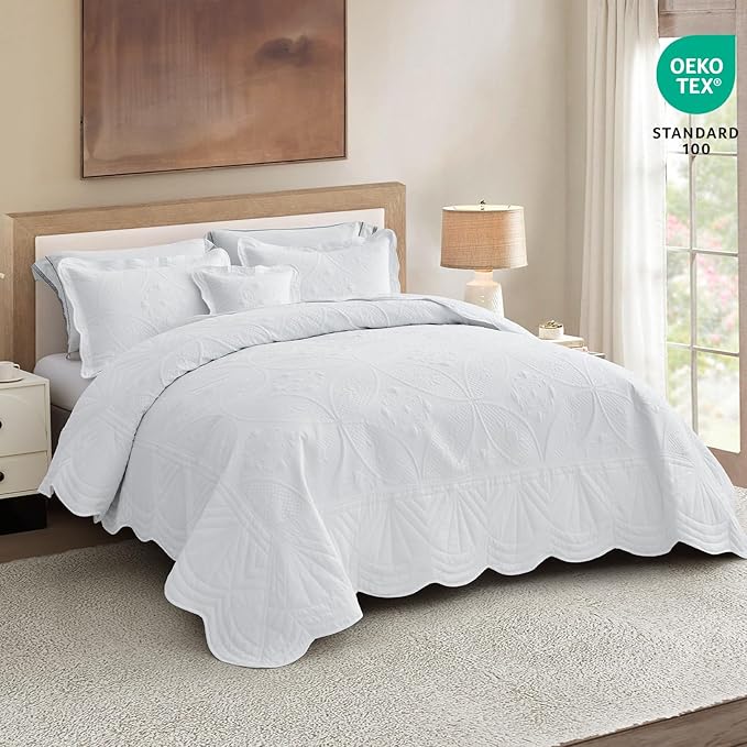 Oversized Bedspread - Queen Size Bedding Cover - Modern & Contemporary Coverlet Set, Real Stitching, Reversible, Lightweight, 5 Piece, White