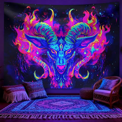 seewan Black Light Aries Tapestry, Glow-in-the-Dark UV Neon Ram Head with Galaxy Flames Tapestry, Psychedelic Constellation Wall Hanging, Bedroom Dorm Living Room Background Decor