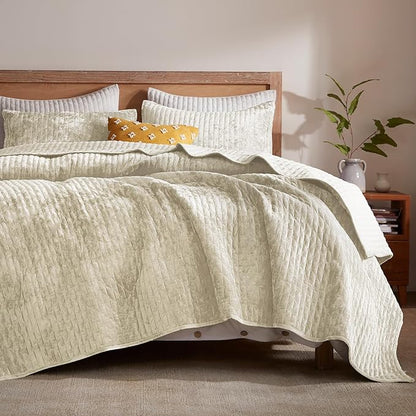 LEAONME Oversized King Quilt 120''x120'', Lightweight Beige Velvet Comforter Set with 2 Matching Shams, Soft Cross Stitch Bedspread Coverlet, Oversized King Bedding Set for All Season