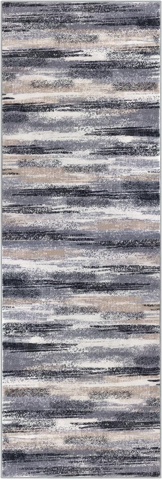 Modern Abstract Runner Rug 2x12, Grey Black Multi Washable Long Kitchen Runner Non-Slip Soft Hallway Rug Runner Thin Print Faux Wool Carpet for Entryway Bedroom Laundry Room Indoor Home Decor