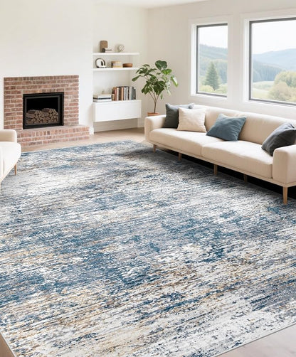 9x12 Area Rug for Living Room, Washable Modern Abstract Large Area Rug Neutral Soft Non Slip Kids Rug Stain Resistant Indoor Carpet for Bedroom Nursery Dining Room Playroom Office(BlueWhite, 9'x12')