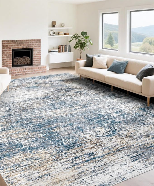 9x12 Area Rug for Living Room, Washable Modern Abstract Large Area Rug Neutral Soft Non Slip Kids Rug Stain Resistant Indoor Carpet for Bedroom Nursery Dining Room Playroom Office(BlueWhite, 9'x12')
