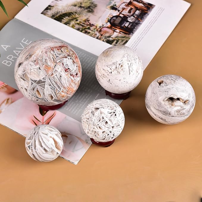 JIC Gem Large Mexican White Agate Crystal Sphere with Stand Gemstone Decorative Ball for Home Decor Altar Reiki Crystal Gift 80-90mm
