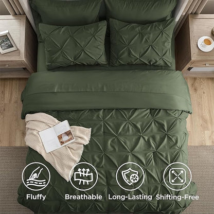 Bedsure King Size Comforter Set Olive Green - Bed in a Bag Bedding Set 7 Pieces, GentleSoft™ Pintuck Bed Set Gift for Family, Pinch Pleat Olive Green Comforter with Sheets, Pillowcases & Shams