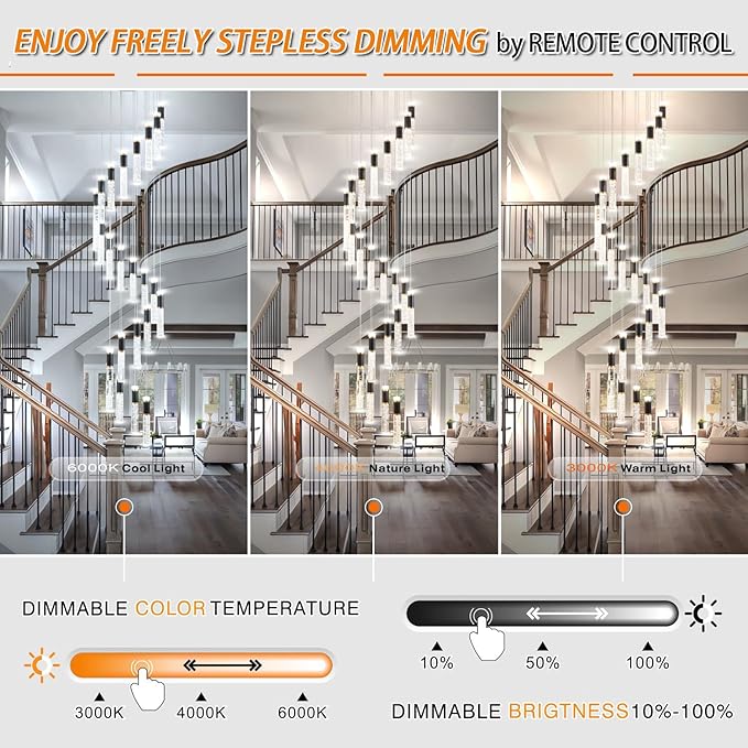 High Ceiling Chandelier Modern Crystal Chandelier for Entryway Long Spiral Dimmable Long Staircase High Foyer with Remote Controller