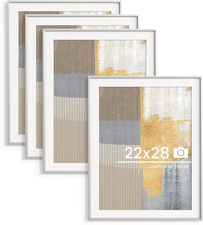 22x28 inch Metal Poster Frame - 22 x 28 Thin Aluminum Picture Frames Matted for 18x24 Photos, Artworks, Prints, Puzzle - High Definition Plexiglass - Vertical and Horizontal Display - Wall Hook Hanging Hardware Included - Silver, Set of 4