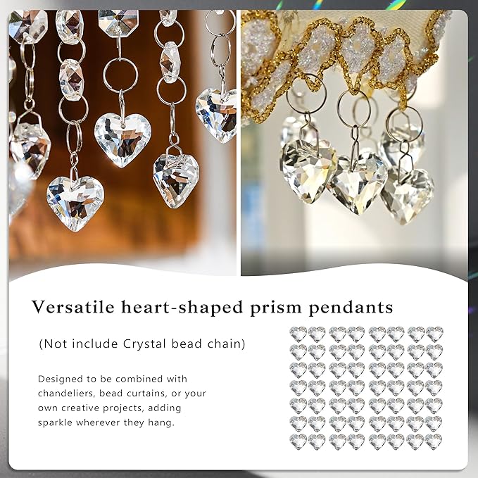 HDCRYSTALGIFTS 48pcs 20mm Clear Crystal Heart Prism Sun Catchers, Heart Prisms Rainbow Maker Chandelier Crystals, Hanging Suncatchers for Window, Garden, Home, Wedding, Glass Valentine's Day Ornaments