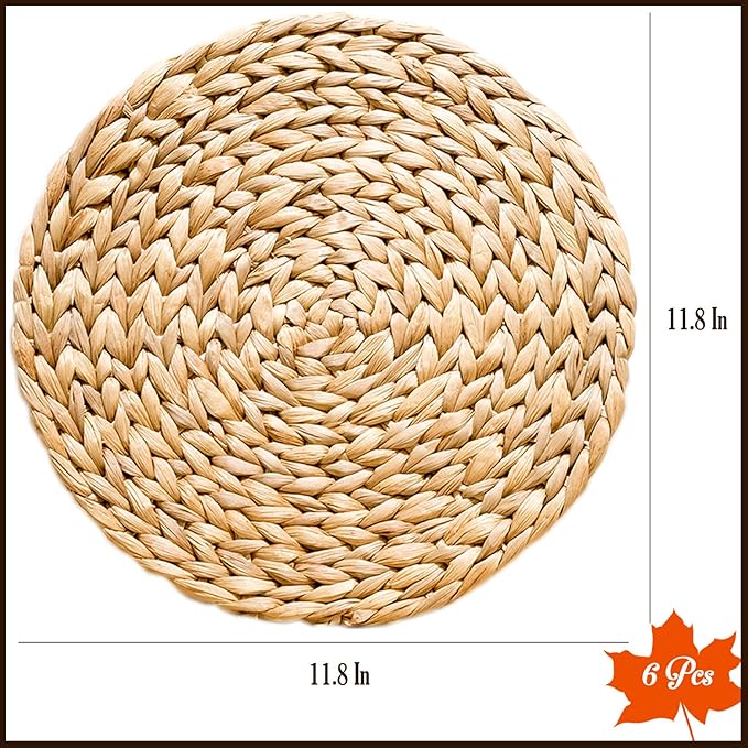 Woven Placemats Set of 6, Table Mats Set of 6, Water Hyacinth Round Placemats for Round Table, Chargers for Dinner Plates, Wicker Chargers for Dinner Plates, Woven Placemat, Place Mats 11.8 in