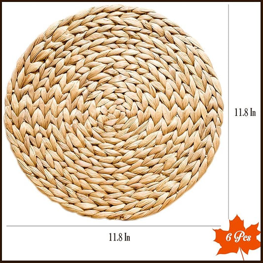 Woven Placemats Set of 6, Table Mats Set of 6, Water Hyacinth Round Placemats for Round Table, Chargers for Dinner Plates, Wicker Chargers for Dinner Plates, Woven Placemat, Place Mats 11.8 in