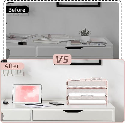 DALTACK 3 Tier Letter Tray Paper Organizer Mesh Metal Desk File Organizer for Home & Office, Pink