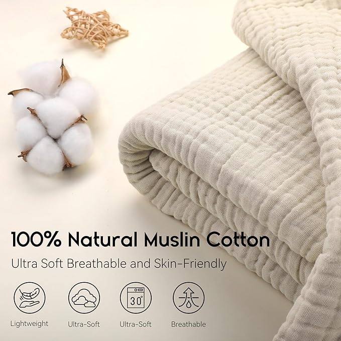 Yoofoss Muslin Blanket 100% Organic Cotton Throw Large 90" x 90" for Bed Couch Summer Gauze Blanket for Adults Lightweight and Breathable Apricot White