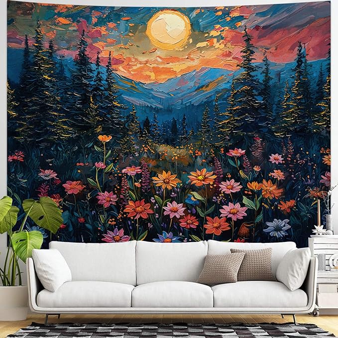 kampdream Landscape Tapestry, Scenery Art Wall Tapestries, Nature Wall Decor for Bedroom Living Room Backdrop Sunset Wildflowers 36×48 inches
