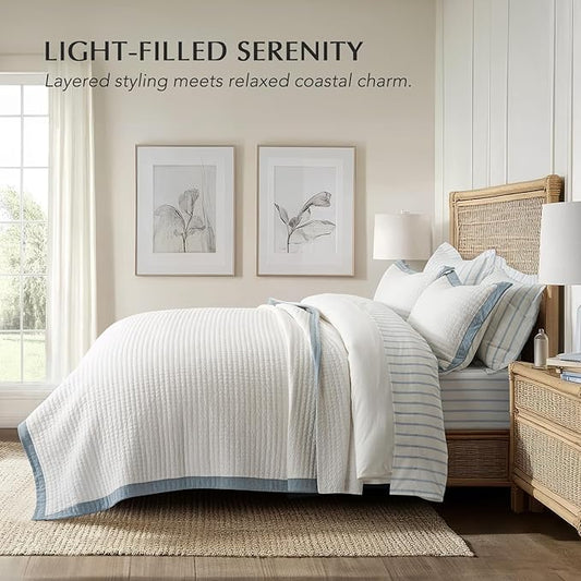 EVERGRACE Cotton Border Frame Tack-Stitch Quilt Bedding Set Queen Size, Coastal Oversized 3 Pieces Lightweight Bedspread Coverlet for All Season, with 2 Matching Shams, Blue Linen