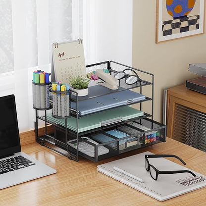 Marbrasse Desk Organizer and Accessories4-Tier Paper File Letter Tray Accessories & Workspace Desk Organizers with Drawer and 2 Pen Holders for School Home Office Supplies (Black)