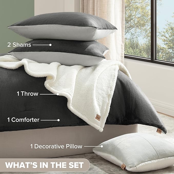 UGG Full/Queen Comforter Set 5 Piece Bed in a Bag with Throw Blanket, Decorative Pillow, Shams, Reversible Hypoallergenic Washable Luxury Warm Fluffy Bedding Set, Charcoal Grey (Remina)