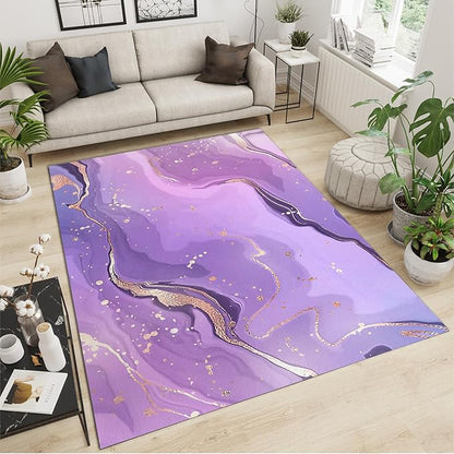 Nordic Abstract Ink Splash Purple Golden Lines Area Rug, Purple Marble Art Large Rug, Machine Washable Breathable Durable Carpet for Room Sofa Living Room Mat Bedroom Decor Floor Mat,3 x 4ft