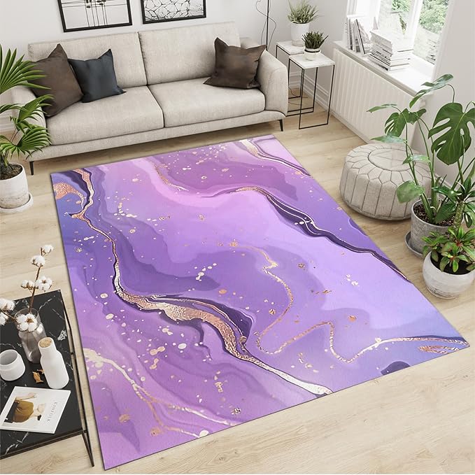 Nordic Abstract Ink Splash Purple Golden Lines Area Rug, Purple Marble Art Large Rug, Machine Washable Breathable Durable Carpet for Room Sofa Living Room Mat Bedroom Decor Floor Mat,4 x 6ft