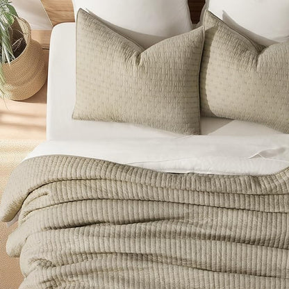EVERGRACE Cross Stitch Pre-Washed Cotton Quilt Bedding Set King Size, Oversized 3 Pieces Lightweight Bedspread Coverlet for All Season, with 2 Matching Shams, Driftwood, 108"x96"