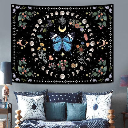 Aipon Blue Butterfly Moon Flower Tapestry Botanical Boho Plant Floral Tapestry for Bedroom Aesthetic Hippie Vintage Tapestries Wall Hanging for Living Room Dorm (68.00" x 90.00", Blue)