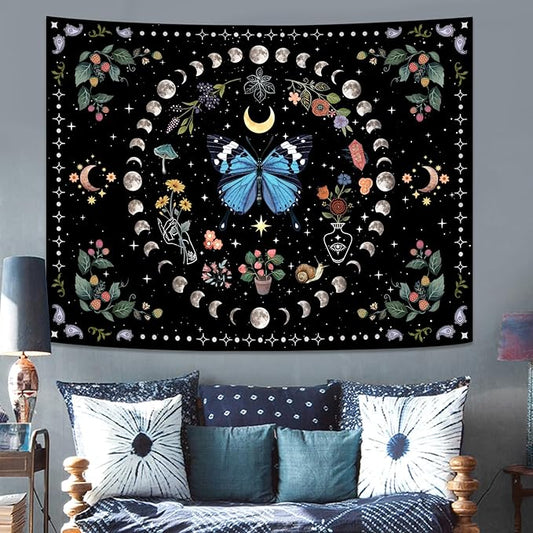 Aipon Blue Butterfly Moon Flower Tapestry Botanical Boho Plant Floral Tapestry for Bedroom Aesthetic Hippie Vintage Tapestries Wall Hanging for Living Room Dorm (44.00" x 60.00", Blue)