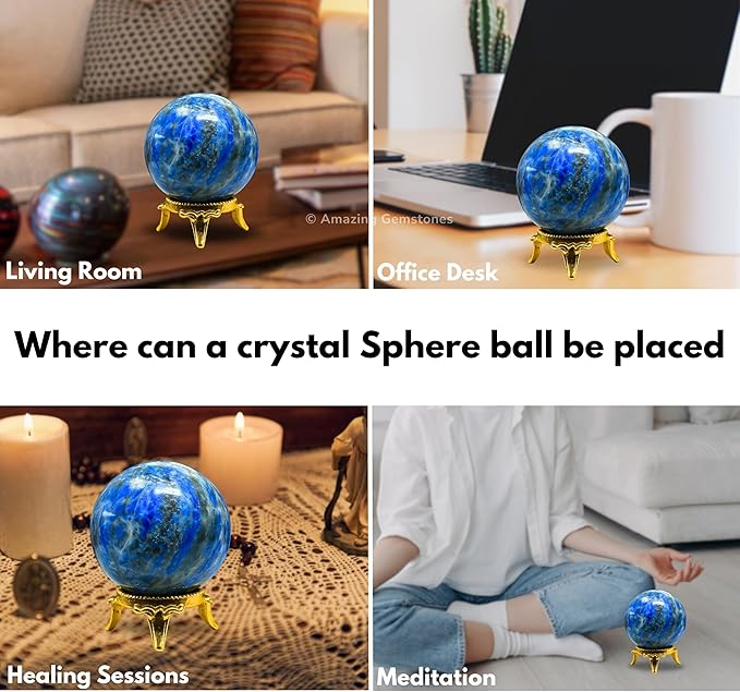 Amazing Gemstone Lapis Lazuli Crystal Ball with Stand - 1.5" Inches Crystal Sphere Meditation Balls for Witchcraft and Decorative Balls