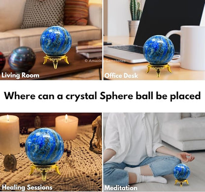 Amazing Gemstone Lapis Lazuli Crystal Ball with Stand - 1.5" Inches Crystal Sphere Meditation Balls for Witchcraft and Decorative Balls