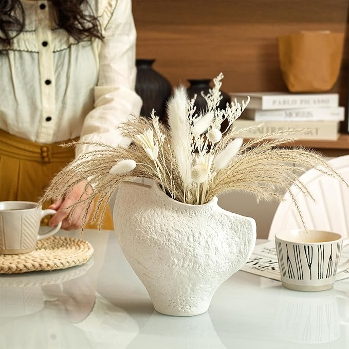 White Ceramic Vase, Modern Farmhouse Style for Table, Kitchen, Bookshelf, Entryway, Counter, Vanity Decor, Stone Textured Small Artistic Handmade Vase for Pampas Grass, Flowers