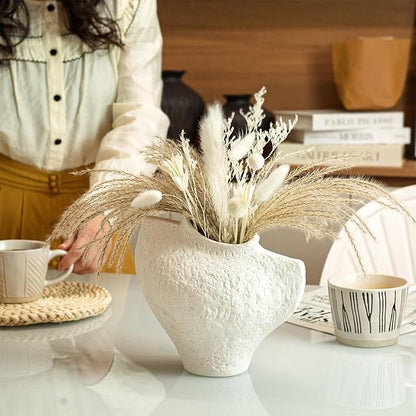 White Ceramic Vase, Modern Farmhouse Style for Table, Kitchen, Bookshelf, Entryway, Counter, Vanity Decor, Stone Textured Small Artistic Handmade Vase for Pampas Grass, Flowers
