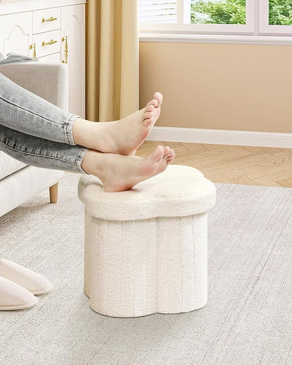 B FSOBEIIALEO Storage Ottoman Cube, Flowers Shaped Ottomans with Storage Foot Stool Footrest for Lving Room, Boucle Ottoman Seat for Dorm Room,Faux Teddy Fur,White 12.6"x12.6"x12.6"