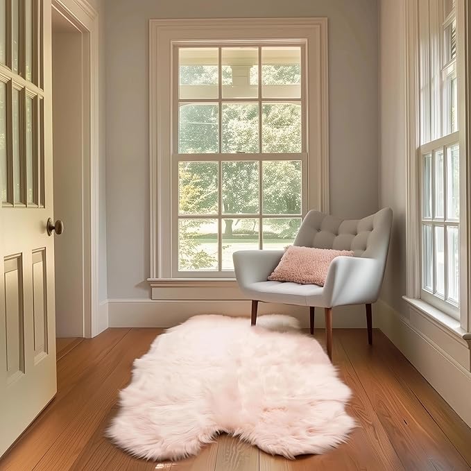 Super Area Rugs Ultra Soft & Fluffy Faux Sheepskin Rug, Light Pink 4 x 6 Feet Sheepskin Carpet for Bedroom Living Room