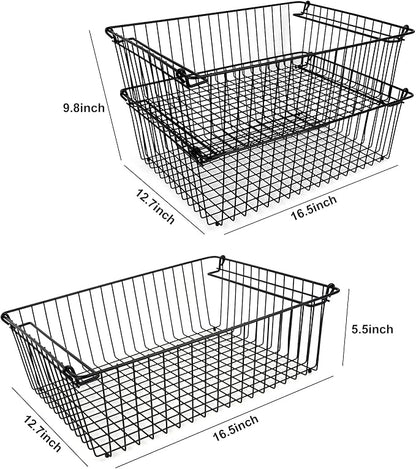 Set of 2 Stackable XXL Wire Baskets For Pantry Storage and Organization -16x12in Large Metal Food Baskets -Vegetable,Fruit,Potato,Onio, Pantry Storage Bins With Handles (Black, XXL)